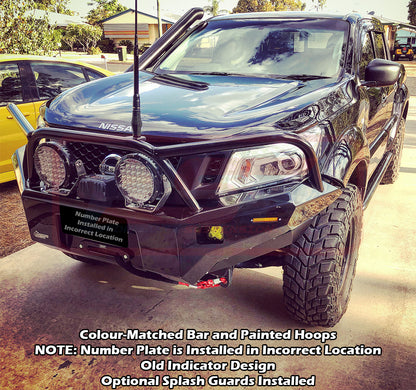 Nissan Navara NP300 Ambush Customer Painted Triple Hoop Bar, Pre-Runner infill (2" lift), Splash Guards, Standard Silver Fairlead