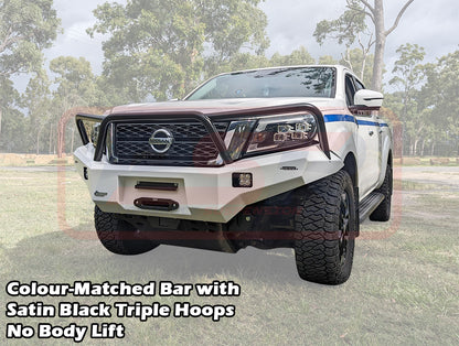 Nissan Navara NP300 SERIES 5 FACELIFT Ambush Satin Black Triple Hoop Bar, Pre-Runner infill (1" Body Lift), Slimline Black Fairlead