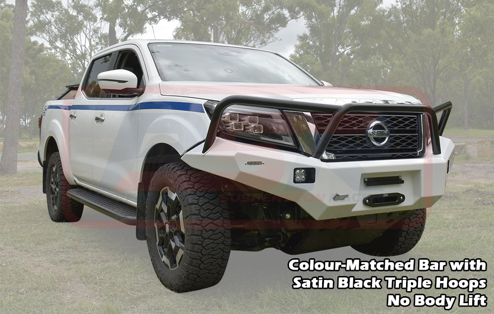 Nissan Navara NP300 SERIES 5 FACELIFT Ambush Satin Black Triple Hoop Bar, Pre-Runner infill (1" Body Lift), Splash Guards, Standard Silver Fairlead