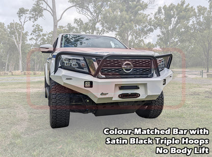 Nissan Navara NP300 SERIES 5 FACELIFT Ambush Satin Black Triple Hoop Bar, Pre-Runner infill (2" Body Lift), Splash Guards, Standard Silver Fairlead
