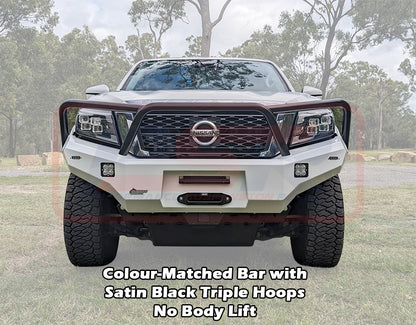 Nissan Navara NP300 SERIES 5 FACELIFT Ambush Customer Painted Triple Hoop Bar, Pre-Runner infill (No Body Lift), Standard Black Fairlead