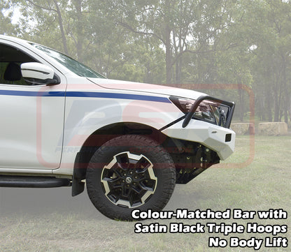 Navara NP300 SERIES 5 FACELIFT Ambush Customer Painted Triple Hoop Bar, Pre-Runner infill (No Body Lift), Splash Guards, Slimline Silver Fairlead