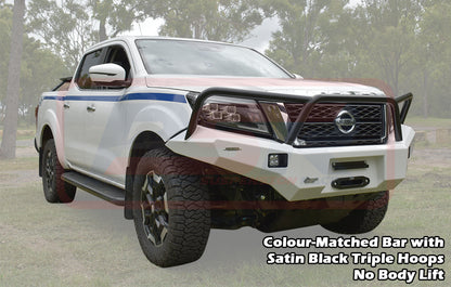 Navara NP300 SERIES 5 FACELIFT Ambush Customer Painted Triple Hoop Bar, Pre-Runner infill (1" Body Lift), Splash Guards, Slimline Silver Fairlead