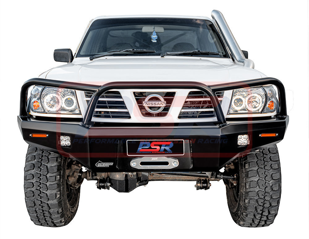 Nissan Patrol GU Series 1-2-3 Ambush Customer Painted Triple Hoop (Angry Eye) Bar, Standard Silver Fairlead