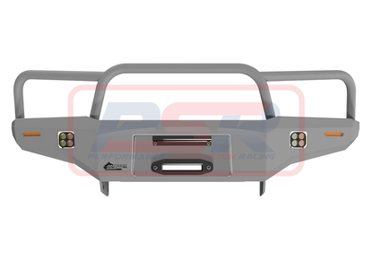 Nissan Patrol GU Series 1-2-3 Ambush Satin Black Triple Hoop (Angry Eye) Bar, Slimline Silver Fairlead
