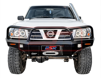 Nissan Patrol GU Series 1-2-3 Ambush Satin Black Triple Hoop (Angry Eye) Bar, Standard Silver Fairlead