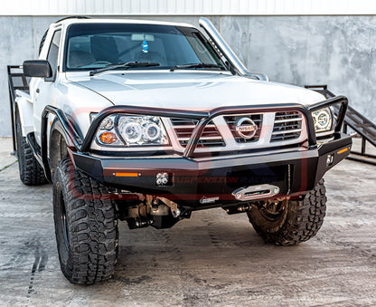 Nissan Patrol GU Series 1-2-3 Ambush Satin Black Triple Hoop (Angry Eye) Bar, Standard Silver Fairlead