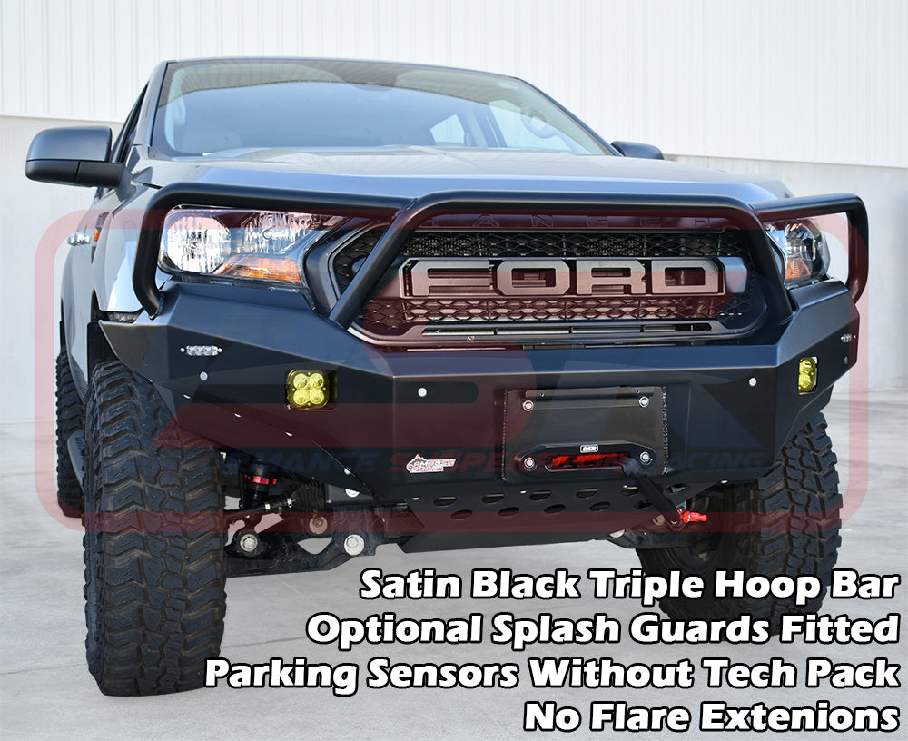 Ford Ranger PX MK3 8/18-ON Ambush Satin Black Triple Hoop Bar, Pre-Runner Infill (2" Body Lift), Slimline Black Fairlead, Sensors, Factory Ext