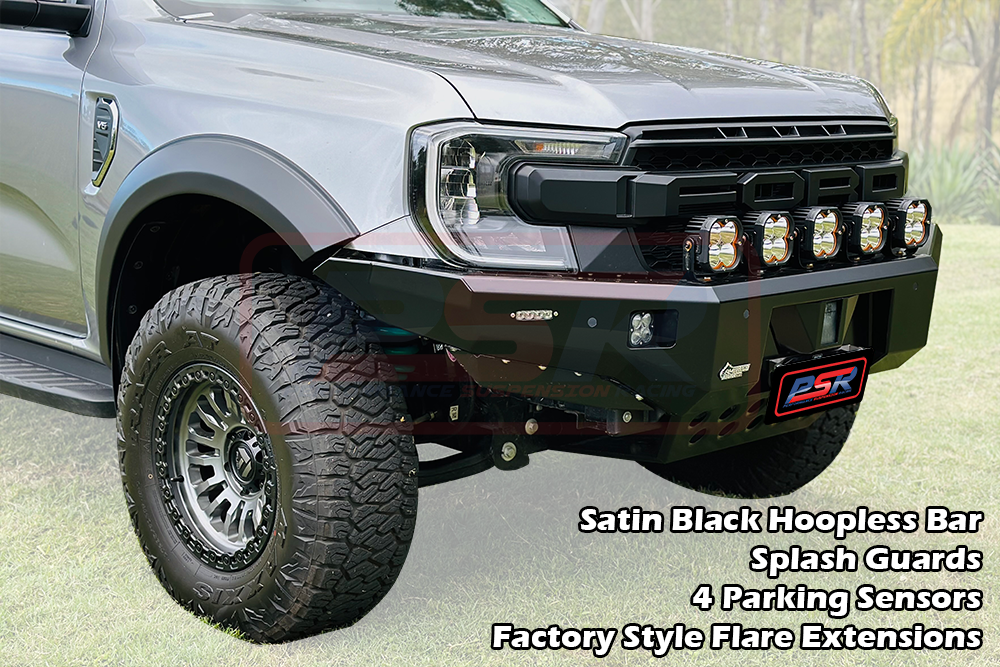 Ford Ranger Next Gen Ambush Customer Painted Hoopless Bar, Infill (1" Body Lift), Guards, Standard Black Fairlead, 4 Sensors, XLT Camera, Factory Ext