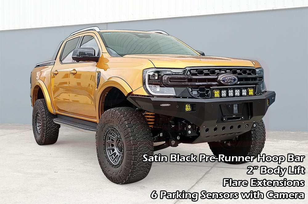 Ford Ranger Next Gen Ambush Customer Painted Pre-Runner Hoop Bar, Infill (1" Body Lift), Guards, Standard Black Fairlead, 4 Sensors, XLT, Factory Ext