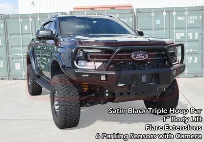 Ford Ranger Next Gen Ambush Customer Painted Triple Hoop Bar, Infill (2" Body Lift), Guards, Slimline Black Fairlead, 4 Sensors, XLT, Factory Ext