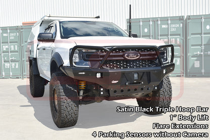 Ford Ranger Next Gen Ambush Customer Painted Triple Hoop Bar, Infill (2" Body Lift), Guards, Slim Black Fairlead, 4 Sensors, XLT Camera, Factory Ext