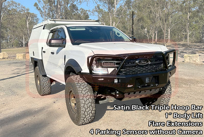 Ford Ranger Next Gen Ambush Customer Painted Triple Hoop Bar, Infill (2" Body Lift), Guards, Slim Silver Fairlead, 4 Sensors, XLT Camera, Factory Ext