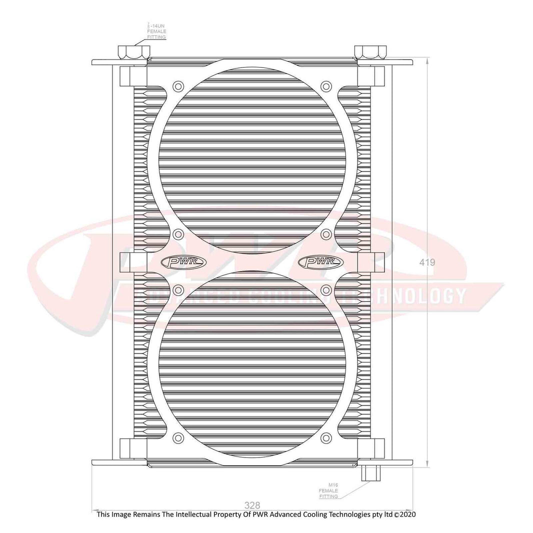 Engine Oil Cooler - Plate & Fin 280 x 423 x 37mm (48 Row) suits 2 x 8" SPAL Fans, Temp Switch Boss