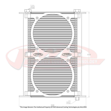 Engine Oil Cooler - Plate & Fin 280 x 423 x 37mm (48 Row) suits 2 x 8" SPAL Fans, Temp Switch Boss